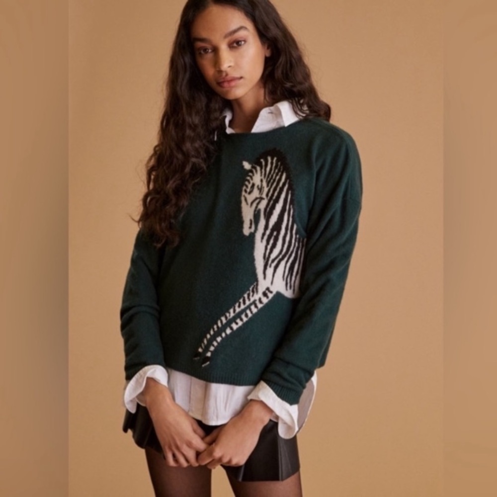 Anthropologie Maeve XS Cashmere Intarsia Sweater Zebra Dark Teal